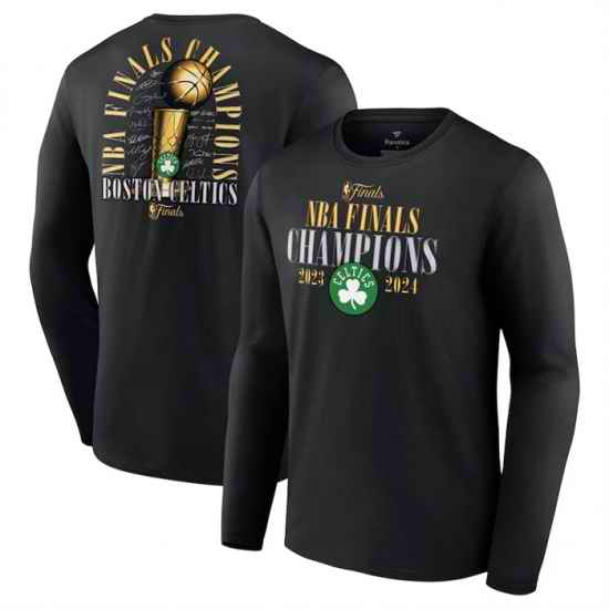 Men Boston Celtics Black 2024 Finals Champions Fade Away Jumper Roster Signature Long Sleeve T Shirt